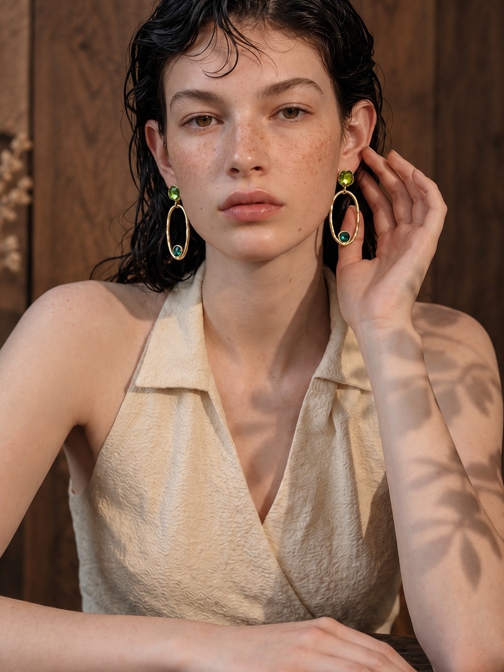 Gold Drop Earrings with Green and Teal Stones - Picture 3 of 6
